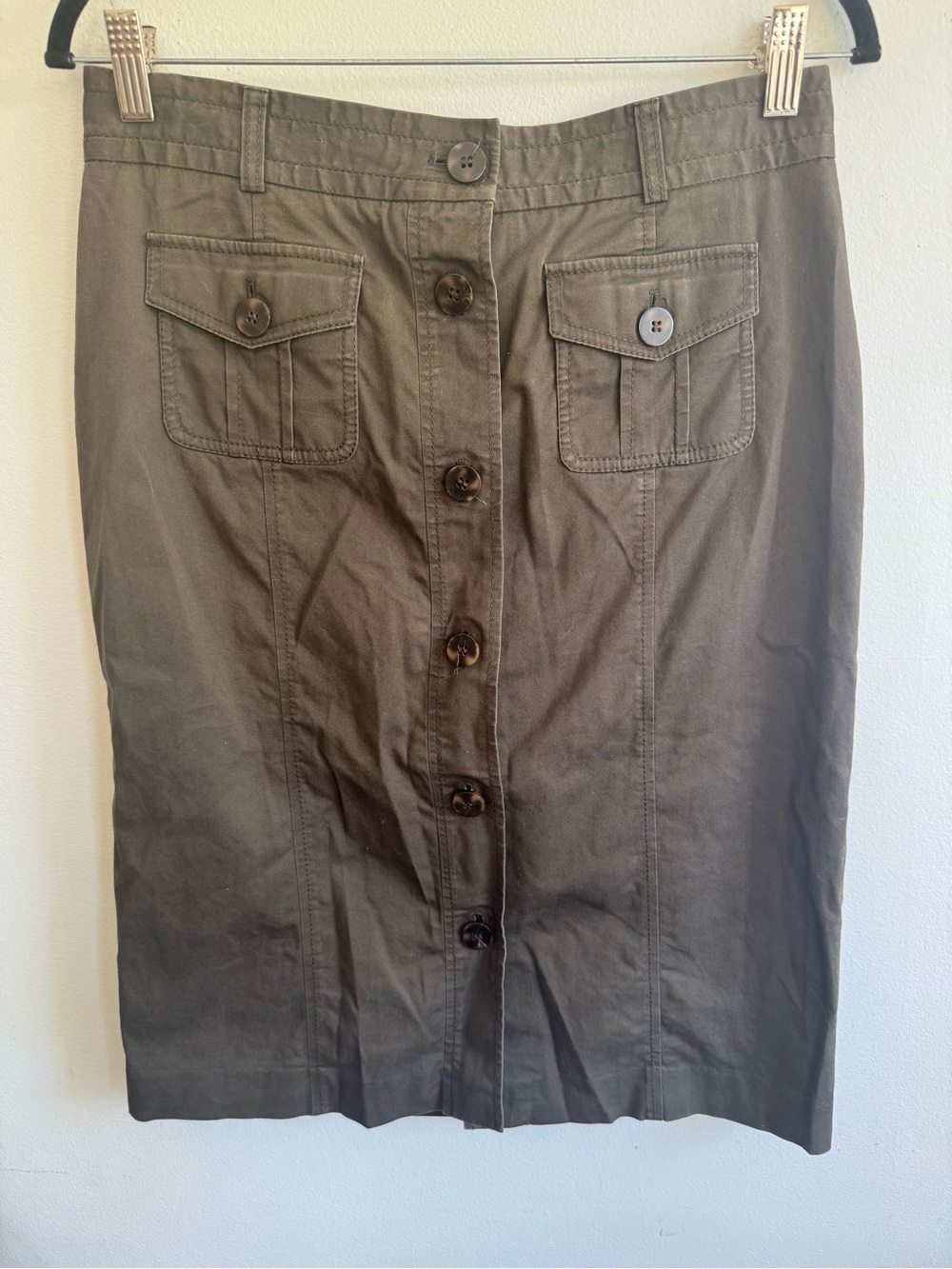 Utility Cargo Button Front Midi Skirt Olive Green Safari Style - Picture 3 of 10